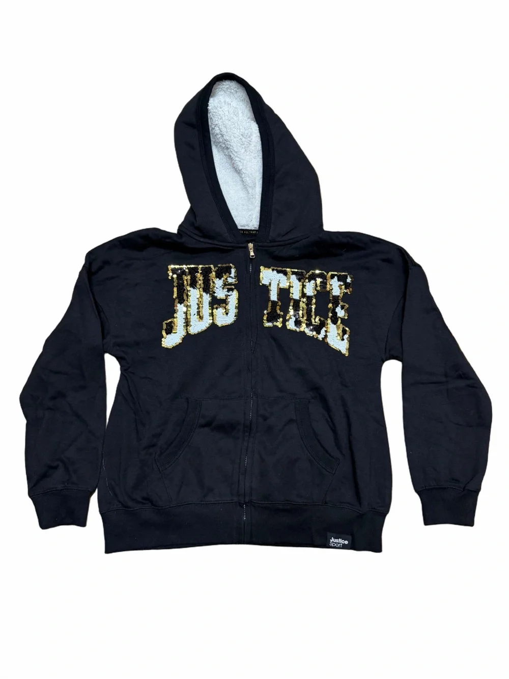 Justice Girls Black Gold White Sequin Logo Full Zip Sherpa Hood Sweatshirt